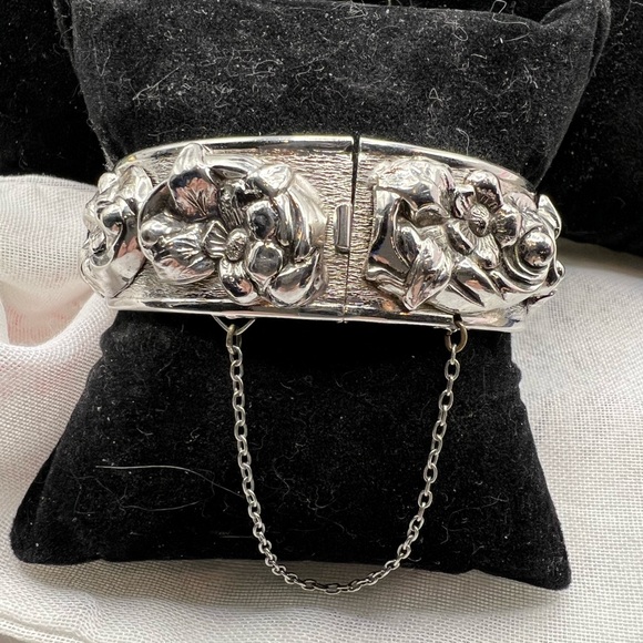 Victorian Jewelry - Repousse Silver Tone Floral Bracelet with security chain
